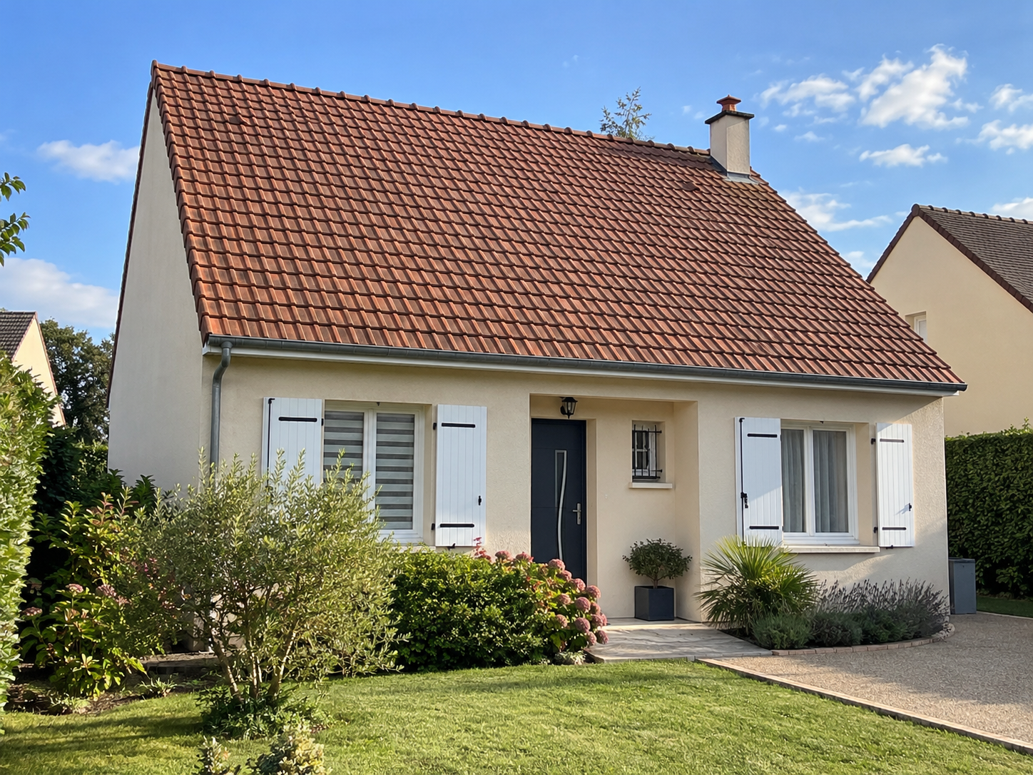 Maison familiale avec un toit fraîchement nettoyé